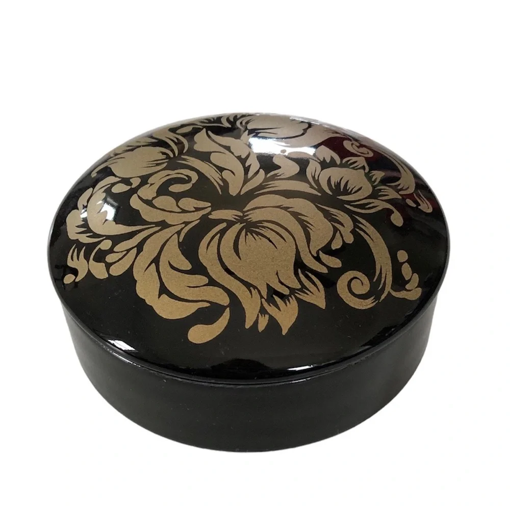 Vintage Ceramic Round Black Floral Jewelry Trinket Box & Lid
